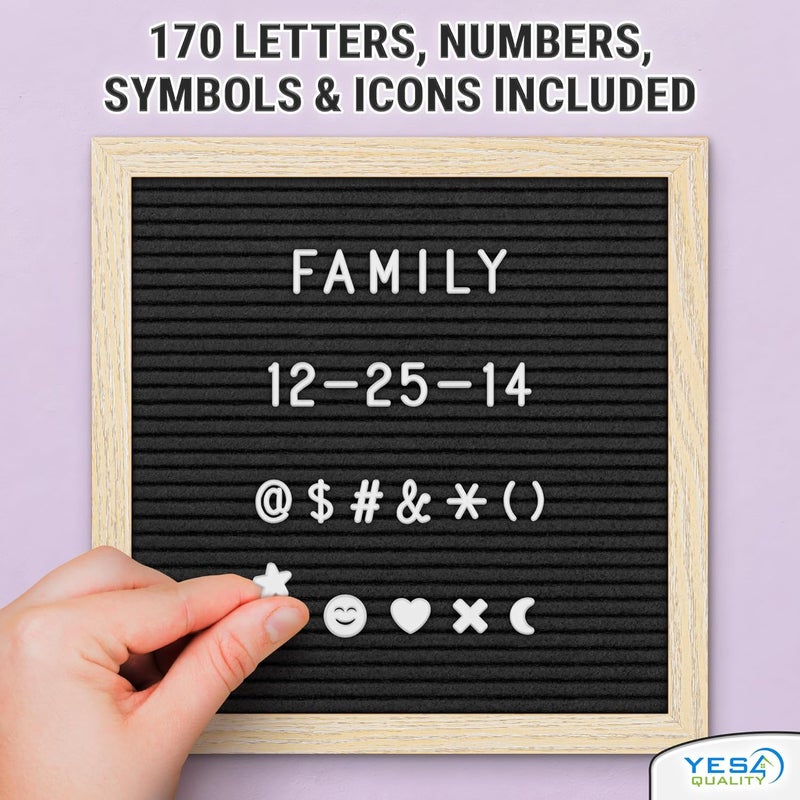 YES4QUALITY Felt Letter Board - 10x10”, Black - 170 Letters, Numbers & Emojis for Celebrations & Announcements - Customizable Message Letterboard w/Wooden Frame for Home Decor & Office Use - by - Image 2